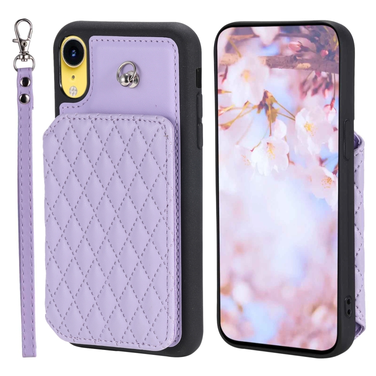 

For iPhone XR Grid Texture Card Bag Phone Case with Lanyard(Purple)