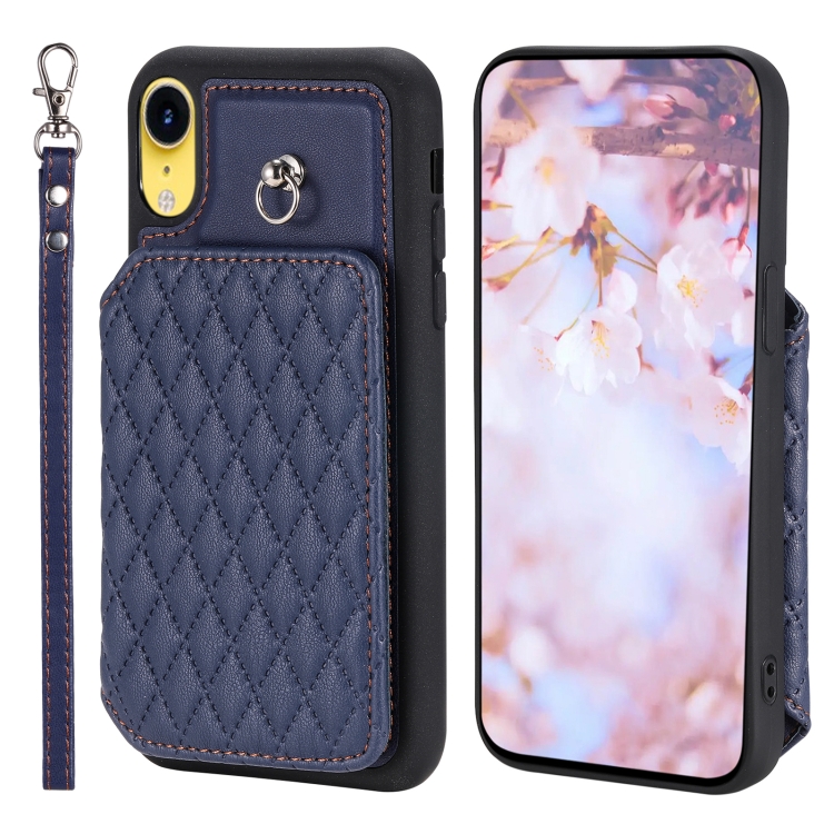 

For iPhone XR Grid Texture Card Bag Phone Case with Lanyard(Blue)