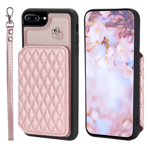 

For iPhone 8 Plus / 7 Plus Grid Texture Card Bag Phone Case with Lanyard(Rose Gold)