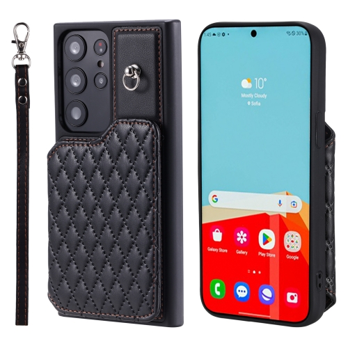 

For Samsung Galaxy S23 Ultra 5G Grid Texture Card Bag Phone Case with Lanyard(Black)