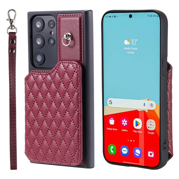 

For Samsung Galaxy S23 Ultra 5G Grid Texture Card Bag Phone Case with Lanyard(Red)