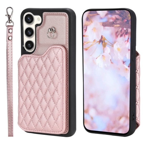 

For Samsung Galaxy S23+ 5G Grid Texture Card Bag Phone Case with Lanyard(Rose Gold)