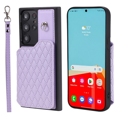 

For Samsung Galaxy S22 Ultra 5G Grid Texture Card Bag Phone Case with Lanyard(Purple)