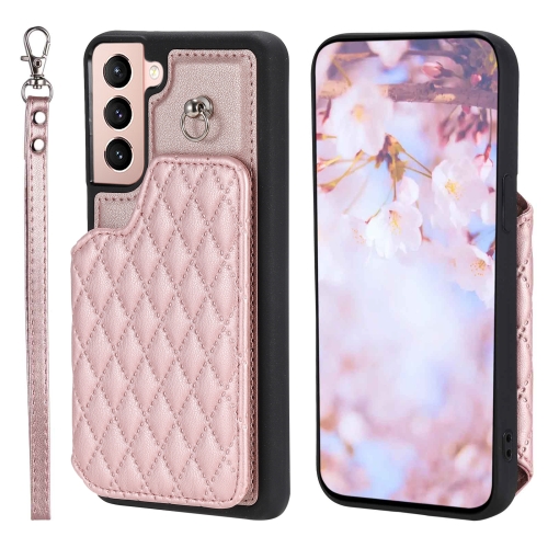 

For Samsung Galaxy S22+ 5G Grid Texture Card Bag Phone Case with Lanyard(Rose Gold)