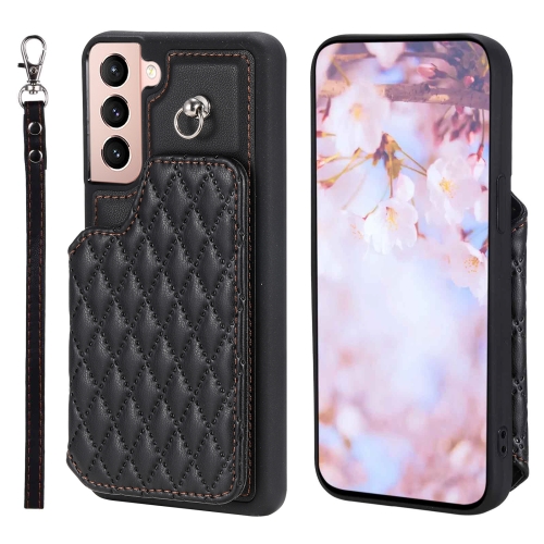

For Samsung Galaxy S21 5G Grid Texture Card Bag Phone Case with Lanyard(Black)