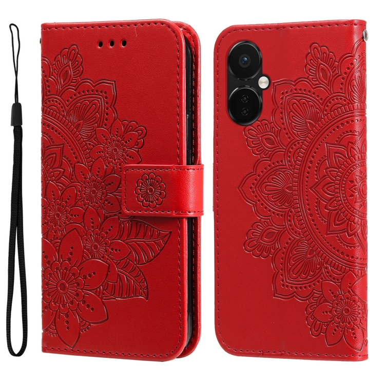

For OnePlus Nord CE3 7-petal Flowers Embossing Leather Phone Case(Red)