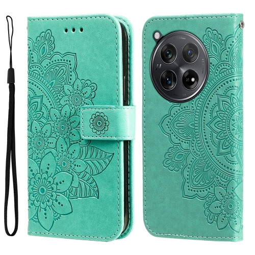 

For OnePlus 12R 7-petal Flowers Embossing Leather Phone Case(Green)