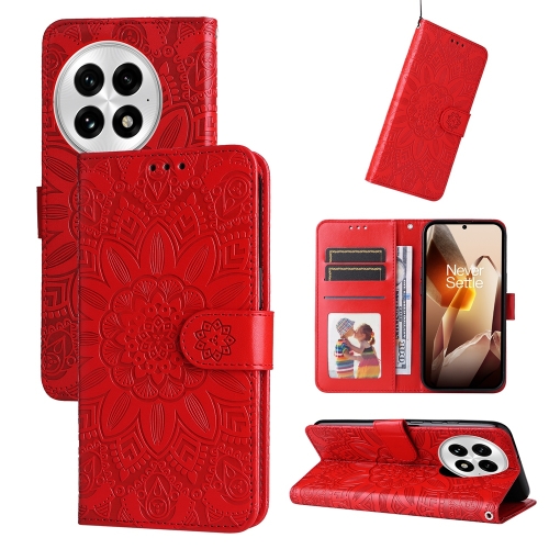 

For OnePlus 13 Embossed Sunflower Leather Phone Case(Red)