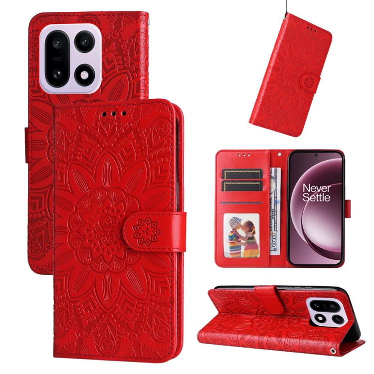 

For OnePlus 15 Embossed Sunflower Leather Phone Case(Red)