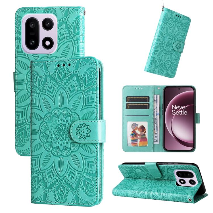 

For OnePlus 15 Embossed Sunflower Leather Phone Case(Green)