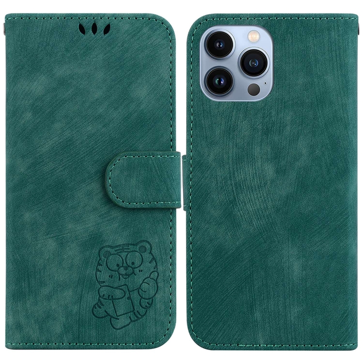 

For iPhone 15 Pro Max Little Tiger Embossed Leather Phone Case(Green)