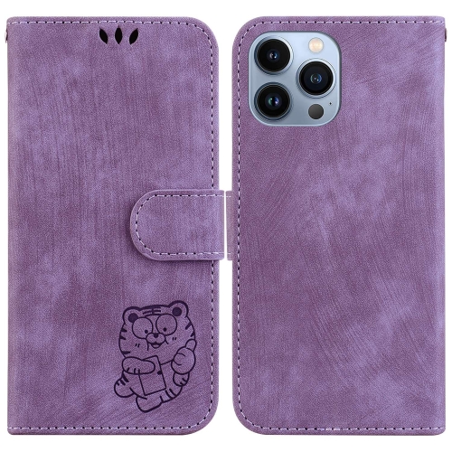 

For iPhone 15 Pro Max Little Tiger Embossed Leather Phone Case(Purple)