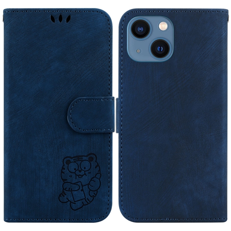 

For iPhone 15 Plus Little Tiger Embossed Leather Phone Case(Dark Blue)