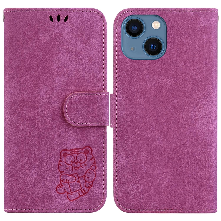 

For iPhone 14 Plus Little Tiger Embossed Leather Phone Case(Rose Red)