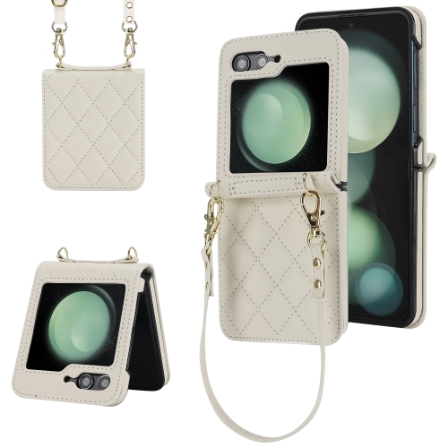 

For Samsung Galaxy Z Flip5 Rhombic Texture Phone Case with Long & Short Lanyard(White)