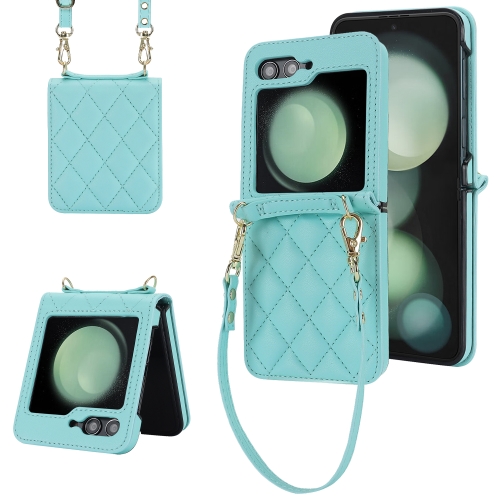 

For Samsung Galaxy Z Flip5 Rhombic Texture Phone Case with Long & Short Lanyard(Green)