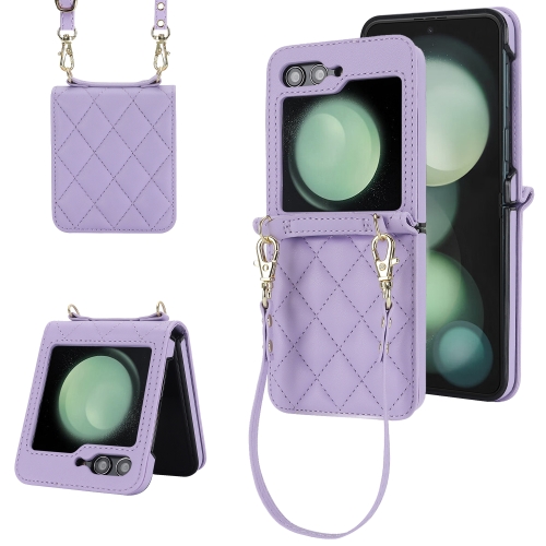 

For Samsung Galaxy Z Flip5 Rhombic Texture Phone Case with Long & Short Lanyard(Light Purple)