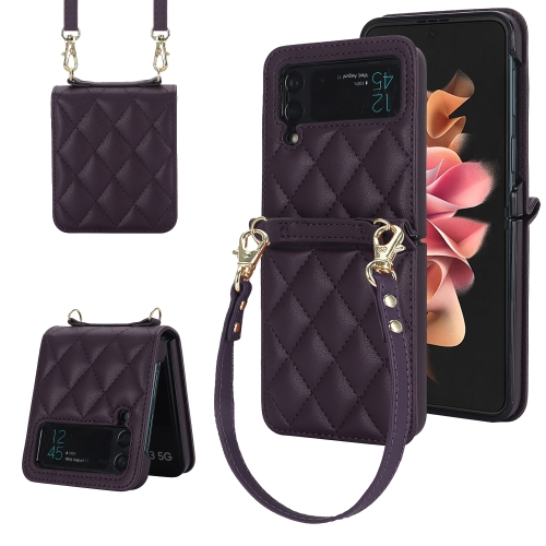 

For Samsung Galaxy Z Flip4 Rhombic Texture Phone Case with Long & Short Lanyard(Dark Purple)