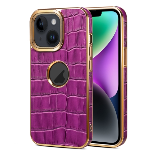 

For iPhone 14 Plus Denior Crocodile Texture Genuine Leather Electroplating Phone Case(Purple)
