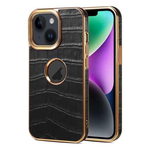 

For iPhone 14 Plus Denior Crocodile Texture Genuine Leather Electroplating Phone Case(Black)