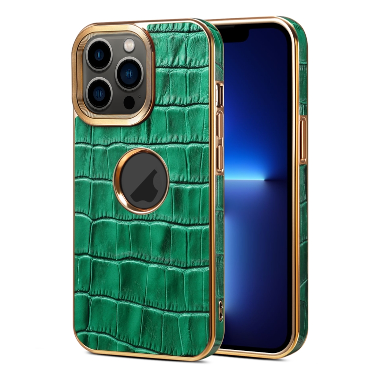

For iPhone 13 Pro Denior Crocodile Texture Genuine Leather Electroplating Phone Case(Green)