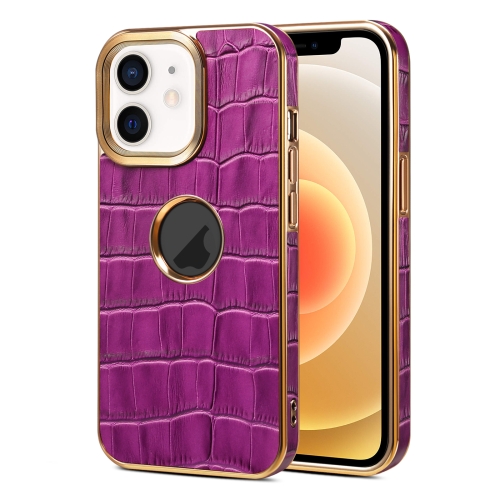 

For iPhone 12 / 12 Pro Denior Crocodile Texture Genuine Leather Electroplating Phone Case(Purple)