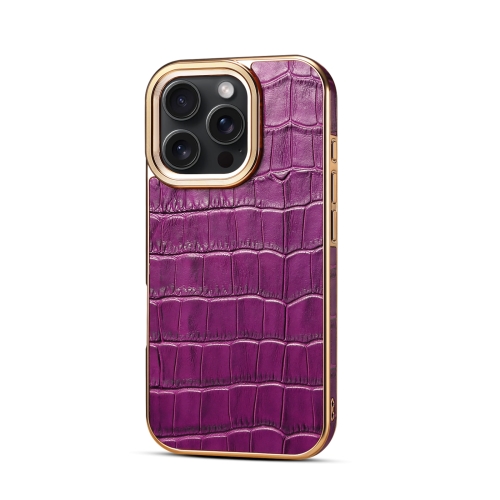 

For iPhone 16 Pro Max Denior Crocodile Texture Genuine Leather Electroplating Phone Case(Purple)