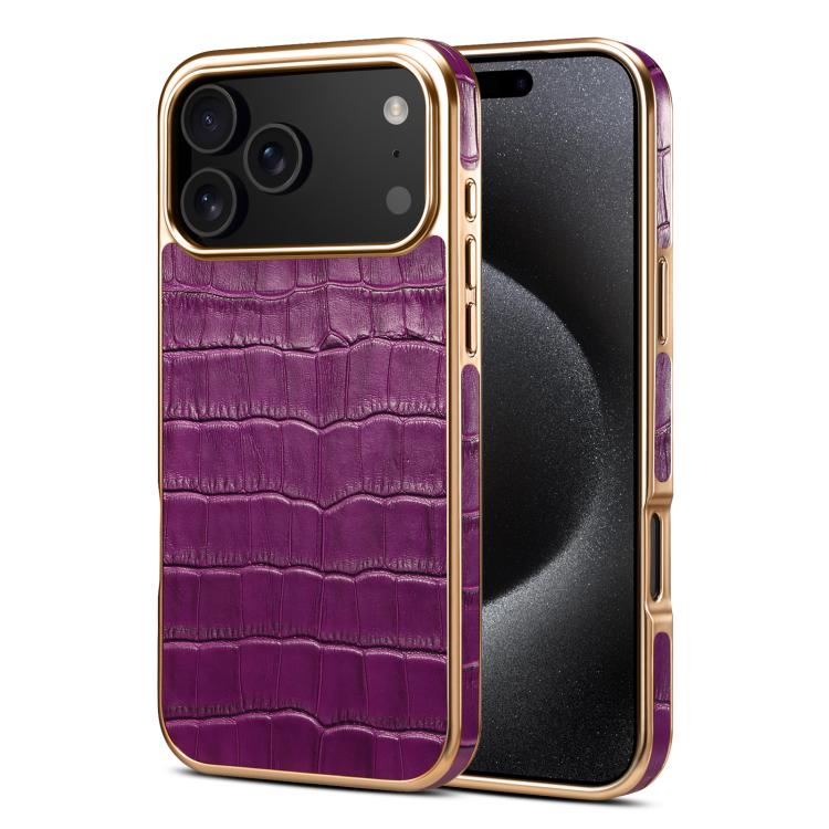 

For iPhone 17 Pro Denior Crocodile Texture Genuine Leather Electroplating Phone Case(Purple)