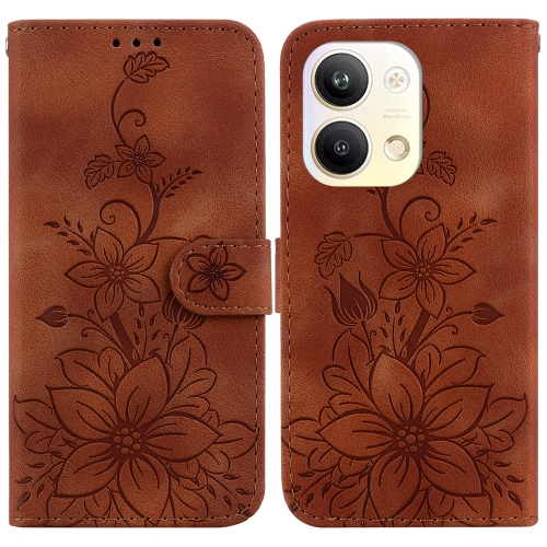 

For OPPO Reno9 Pro Lily Embossed Leather Phone Case(Brown)