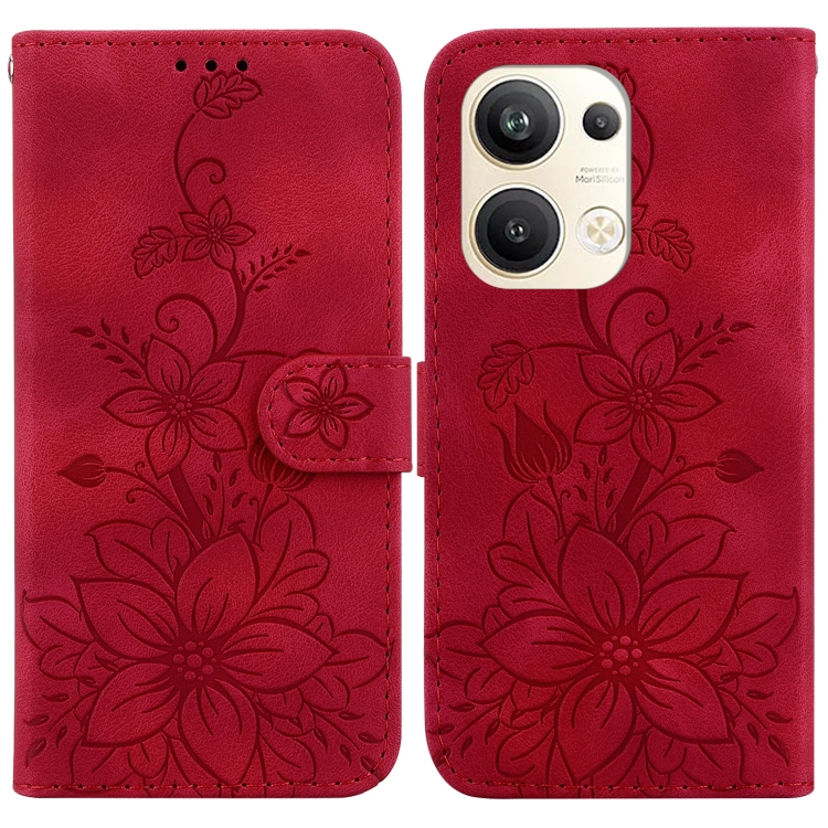 

For OPPO Reno9 Pro+ Lily Embossed Leather Phone Case(Red)
