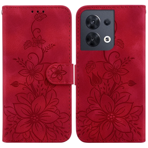 

For OPPO Reno8 5G Lily Embossed Leather Phone Case(Red)