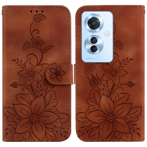 

For OPPO Reno11 F Global Lily Embossed Leather Phone Case(Brown)