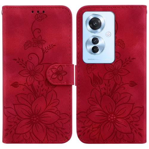 

For OPPO Reno11 F Global Lily Embossed Leather Phone Case(Red)
