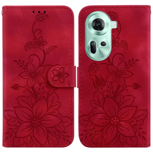 

For OPPO Reno11 Global Lily Embossed Leather Phone Case(Red)