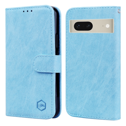 

For Google Pixel 7 Skin Feeling Oil Leather Texture PU + TPU Phone Case(Light Blue)