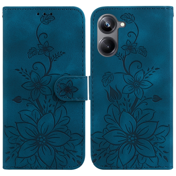 

For Realme 10 Pro 5G Lily Embossed Leather Phone Case(Dark Blue)