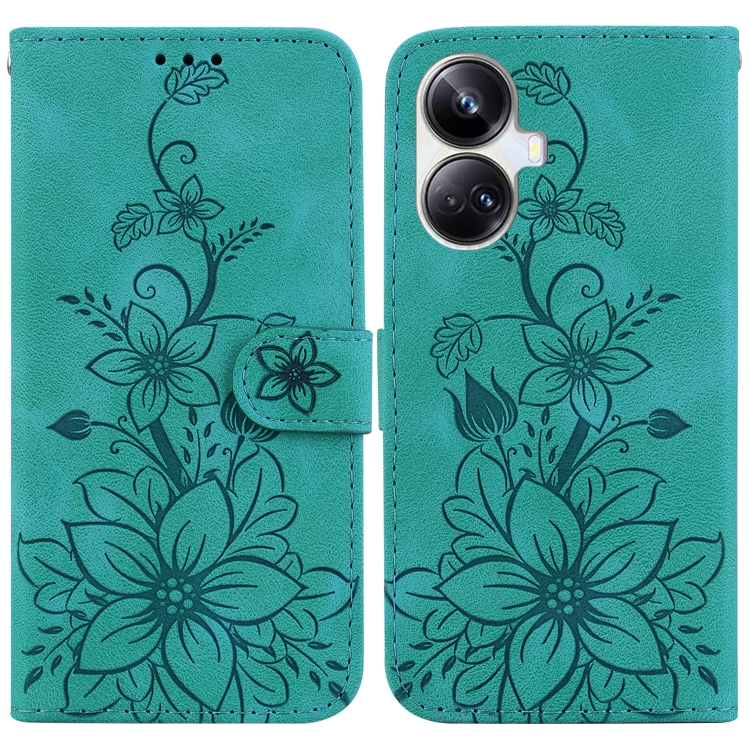 

For Realme 10 Pro+ Lily Embossed Leather Phone Case(Green)