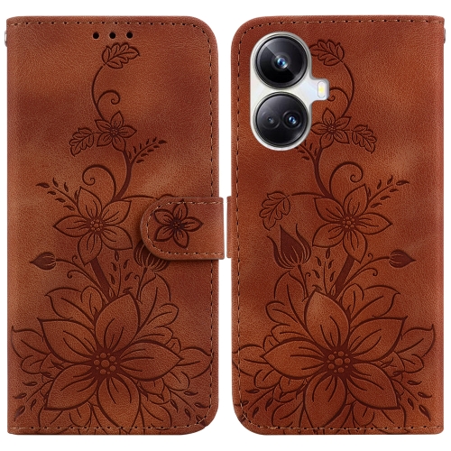 

For Realme 10 Pro+ Lily Embossed Leather Phone Case(Brown)