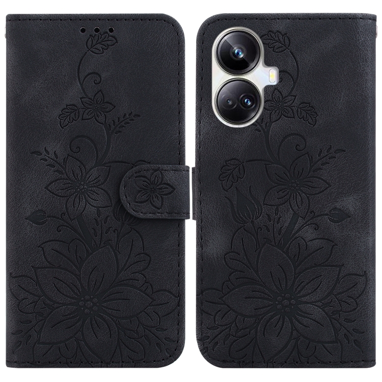 

For Realme 10 Pro+ Lily Embossed Leather Phone Case(Black)