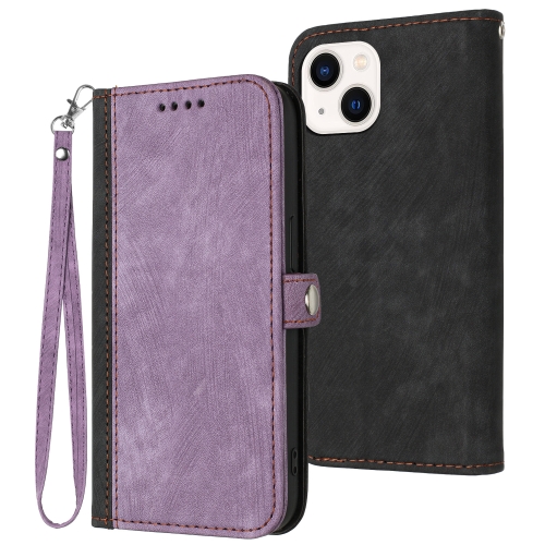 

For iPhone 15 Side Buckle Double Fold Hand Strap Leather Phone Case(Purple)