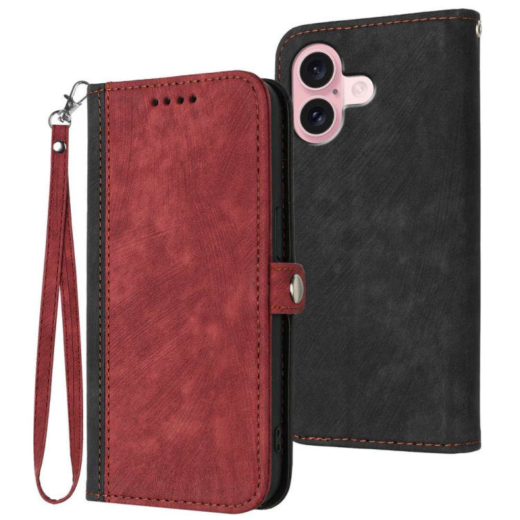 

For iPhone 16 Side Buckle Double Fold Hand Strap Leather Phone Case(Red)