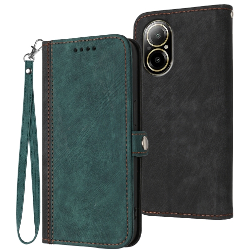 

For Realme C67 4G Global Side Buckle Double Fold Hand Strap Leather Phone Case(Dark Green)