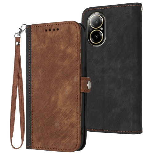

For Realme C67 4G Global Side Buckle Double Fold Hand Strap Leather Phone Case(Brown)