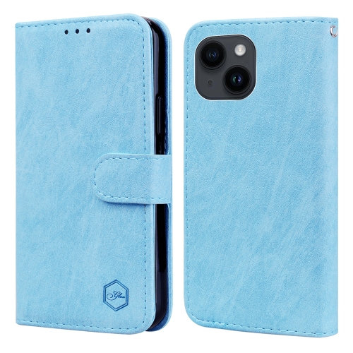 For iPhone 13 Skin Feeling Oil Leather Texture PU + TPU Phone Case(Light Blue) for samsung galaxy a54 5g azns calf texture horizontal flip leather phone case blue