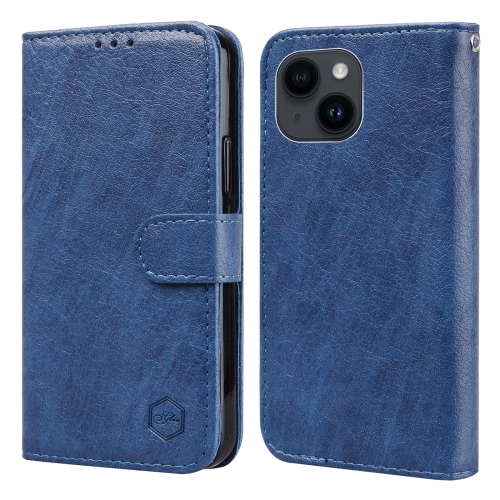 for samsung galaxy m34 5g carbon fiber texture flip leather phone case blue For iPhone 15 Skin Feeling Oil Leather Texture PU + TPU Phone Case(Dark Blue)