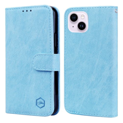 

For iPhone 15 Plus Skin Feeling Oil Leather Texture PU + TPU Phone Case(Light Blue)