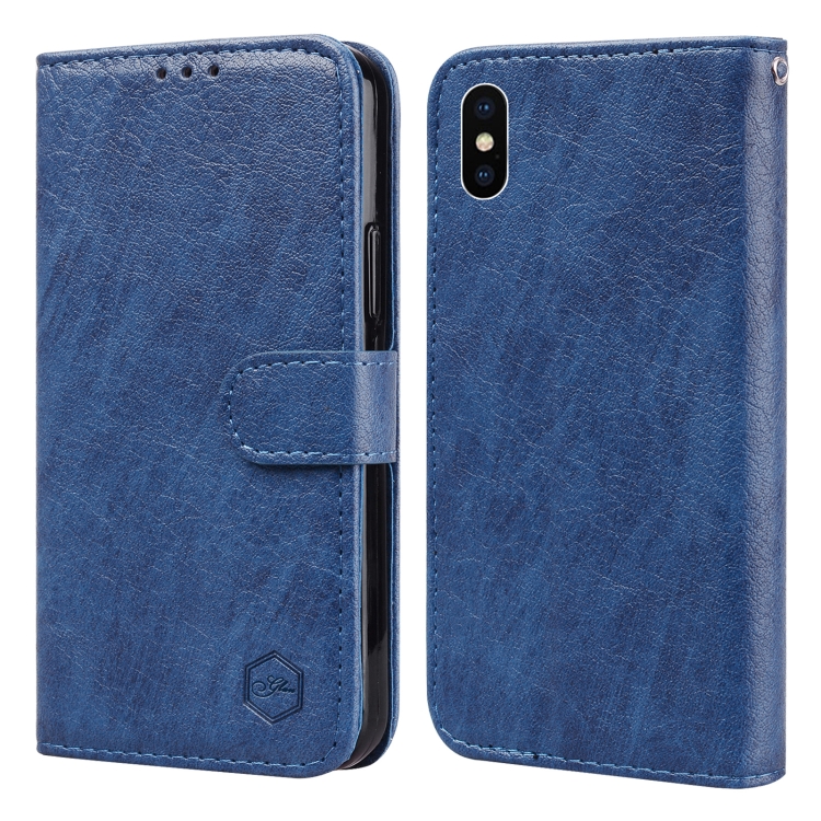 

For iPhone X / XS Skin Feeling Oil Leather Texture PU + TPU Phone Case(Dark Blue)
