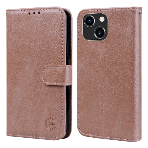 For iPhone 14 Plus Skin Feeling Oil Leather Texture PU + TPU Phone Case(Champagne) for iphone 14 pro max electroplated leather texture pu pc phone case brown