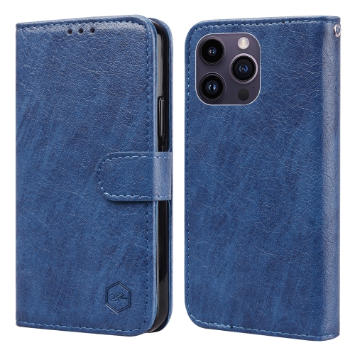 For iPhone 14 Pro Max Skin Feeling Oil Leather Texture PU + TPU Phone Case(Dark Blue) for xiaomi 13 diamond lattice vertical flip leather phone case blue