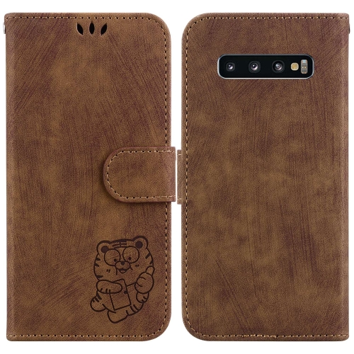 

For Samsung Galaxy S10 Little Tiger Embossed Leather Phone Case(Brown)